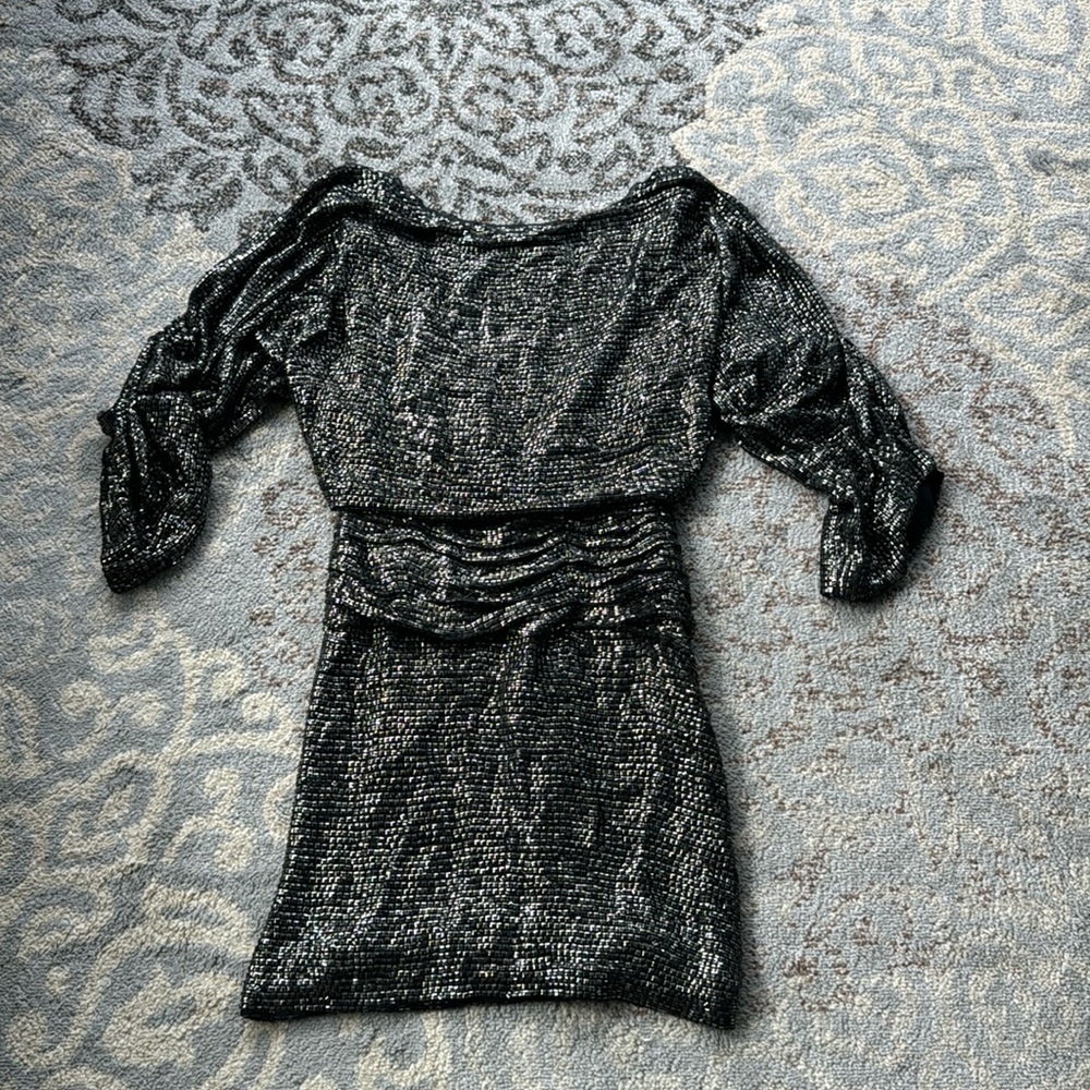 Pamela Dennis Couture Sequins 90s Ruched Mini Dress Black Silver